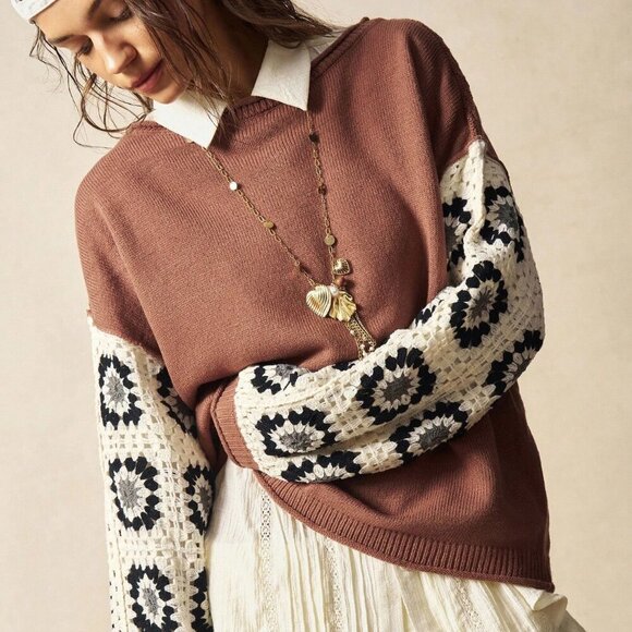 Brown Casual Women's Boho Crochet Patchwork Sweater top - Picture 4 of 8